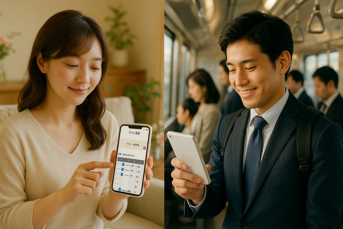 新郎・新婦が、それぞれ違う場所からweb招待状のゲストを登録するイメージ
