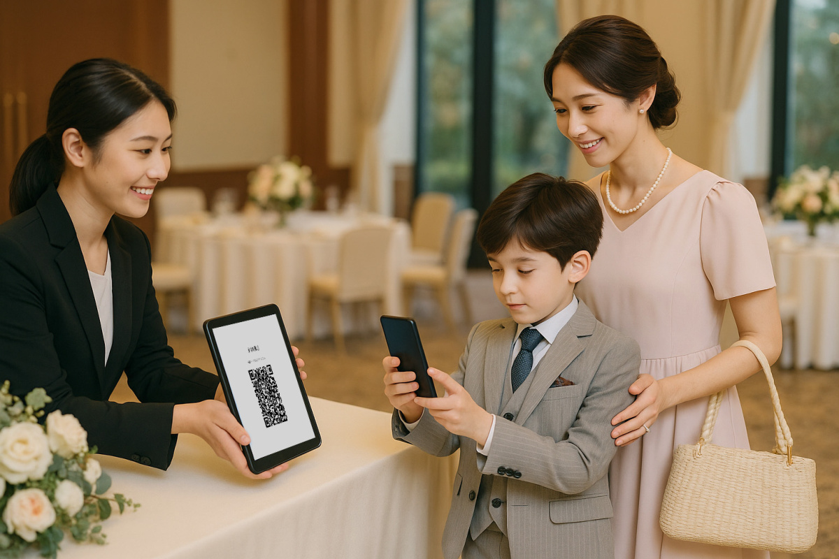 結婚披露宴のスマホ受付をするイメージ