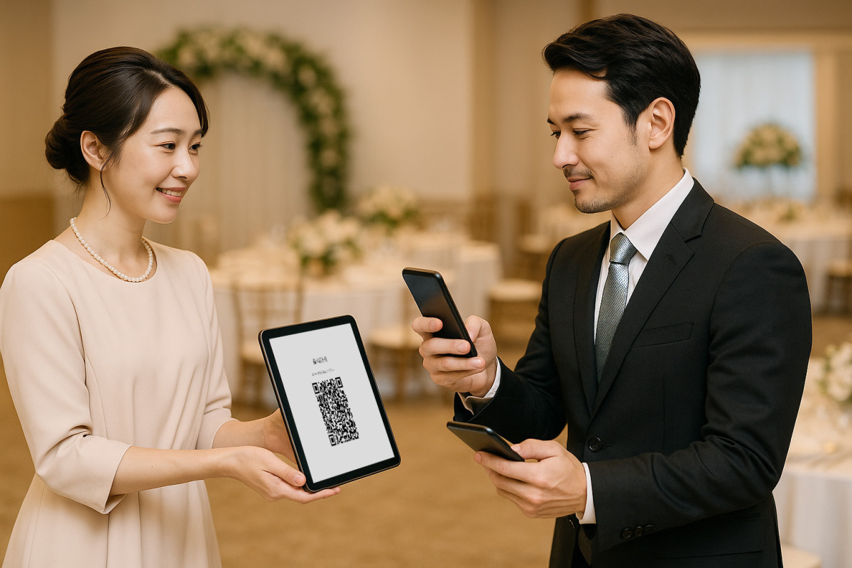 男性ゲストがスマホ受付をするイメージ